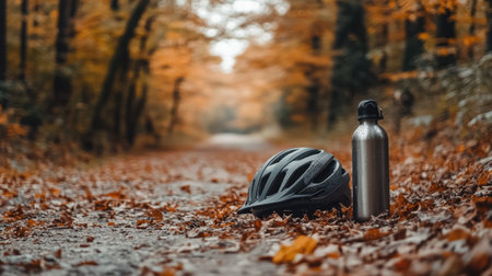 A serene autumn landscape showcasing a cycling helmet and water bottle on a leaf-covered path, highlighting the beauty of nature during the fall season.の素材