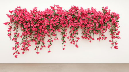A stunning arrangement of vibrant pink bougainvillea flowers cascades elegantly against a pristine white wall, creating a cheerful atmosphere perfect for decor.の素材