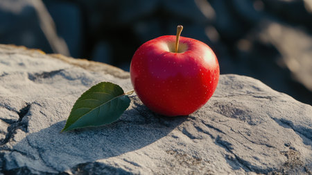 A striking red apple with a green leaf is placed on a textured rock, capturing the essence of natural beauty, freshness, and healthy eating with charming simplicity.の素材