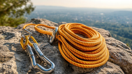A vibrant orange climbing rope sits coiled with carabiners on a rugged rock surface, showcasing the perfect preparation for outdoor adventures against a stunning landscape backdrop.の素材