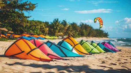 Colorful kites rest on a sandy beach, inviting adventure under a bright blue sky. The serene water and lush palm trees create a perfect scene for outdoor enjoyment.の素材