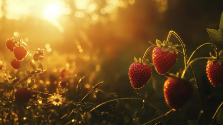 A beautiful capture of ripe strawberries glowing in warm sunlight, surrounded by lush greenery, creating a tranquil rural scene perfect for seasonal themes.の素材
