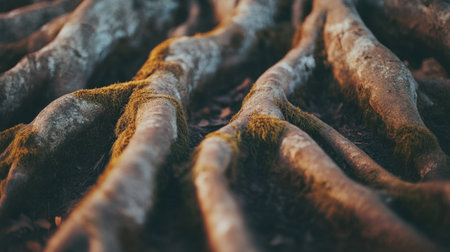Explore the intricate details of tree roots intertwined with moss on the forest floor, bathed in warm evening light, showcasing nature's beauty and resilience.の素材