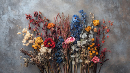 A stunning display of dried flowers featuring various colors and textures, perfect for adding a touch of nature to any indoor space or serving as artistic inspiration.の素材