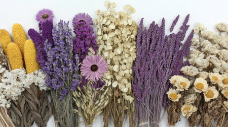 This image features a vibrant assortment of dried flowers and plants, showcasing rich colors and textures, ideal for floral arrangements and creative projects.の素材