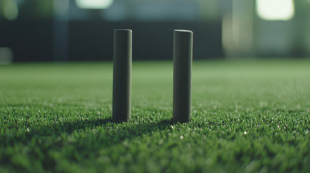 Two vertical wooden posts stand gracefully on a lush green turf surface, bathed in soft sunlight. The serene outdoor ambiance creates a perfect atmosphere for leisure activities.の素材