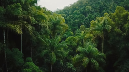 Experience the tranquility of a lush green tropical forest featuring tall palm trees and dense vegetation, perfect for nature lovers and outdoor enthusiasts.の素材