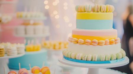 Delight in this elegant pastel wedding cake adorned with colorful macarons, perfect for celebrations and special events, creating a joyful and festive atmosphere.の素材