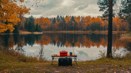 A picturesque lakeside scene captures vibrant autumn foliage, a tranquil water surface reflecting the sky, and fishing gear arranged neatly on a table. Perfect for outdoor enthusiasts.の素材