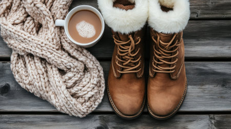 This cozy winter setup features warm brown boots, a fluffy scarf, and a comforting cup of hot chocolate, perfect for creating a relaxing atmosphere indoors.の素材