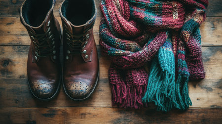 This autumn still life features stylish brown leather boots alongside a vibrant knitted scarf on a rustic wooden surface, perfect for seasonal fashion inspiration.の素材