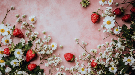 A stunning arrangement of fresh strawberries intertwined with white flowers against a soft pink backdrop, perfect for seasonal designs and vibrant food photography.の素材