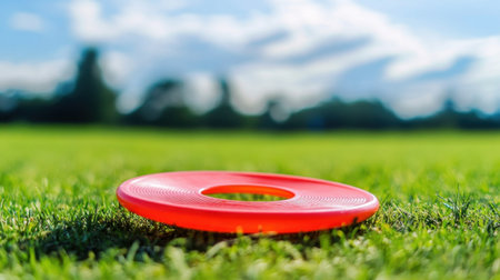 A bright red frisbee rests on lush green grass, surrounded by a clear blue sky and soft clouds. Perfect for sports lovers and outdoor enthusiasts enjoying sunny days.の素材