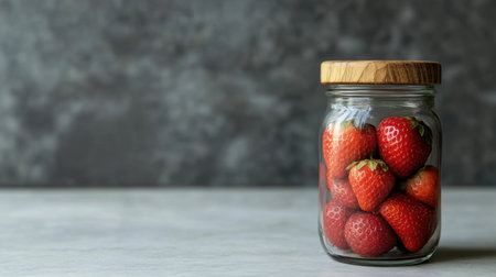 A glass jar filled with fresh strawberries sits on a smooth surface, showcasing the vibrant red color and natural beauty of this popular fruit, perfect for healthy recipes.の素材
