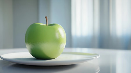 A vibrant green apple sits on a white plate, illuminated by natural light in a bright room. This composition highlights the freshness and elegance of healthy food, perfect for minimalist decor.の素材