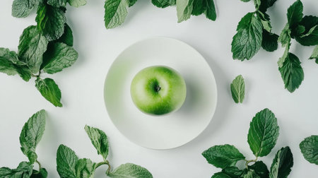 A vibrant green apple sits on a clean white plate, surrounded by lush mint leaves. This arrangement emphasizes freshness and promotes healthy eating for a delightful culinary experience.の素材