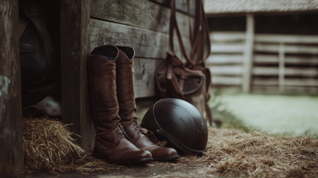 A rustic arrangement featuring brown riding boots and a helmet positioned beside a wooden barn wall, surrounded by straw, perfect for equestrian-themed projects.の素材