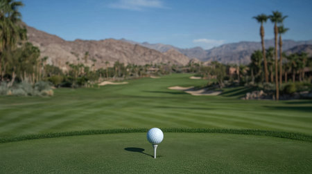 A captivating view of a golf course in the desert showcasing a white ball on a tee. The lush green fairway stretches toward majestic mountains under a clear blue sky.の素材