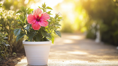 A stunning pink hibiscus flower in a white pot stands gracefully along a sunlit garden pathway, showcasing a serene and vibrant natural setting filled with greenery.の素材
