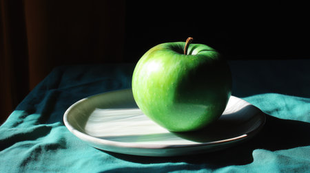 A vibrant green apple sits on a simple white plate, illuminated by natural light that casts soft shadows, creating a minimalist and appealing food composition.の素材