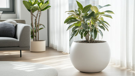 Bright and airy interior scene showcasing stylish indoor plants in elegant pots. Natural light enhances the lush greenery, creating a peaceful and cozy ambiance.の素材