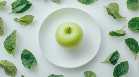 A vibrant green apple sits on a pristine white plate, surrounded by fresh mint leaves, creating a refreshing and healthy food aesthetic perfect for culinary presentations.の素材