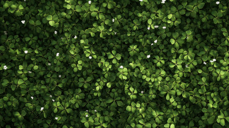 A captivating green background featuring a dense arrangement of clover leaves intertwined with delicate white flowers, perfect for nature-themed projects.の素材