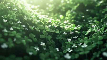 Explore a stunning close-up of lush greenery featuring vibrant clover and delicate white flowers. Soft natural light enhances the tranquil and serene atmosphere.の素材