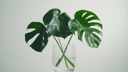 A serene composition featuring lush monstera leaves elegantly placed in a transparent glass vase filled with water, creating a peaceful and refreshing ambiance.の素材