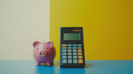 A vibrant composition featuring a pink piggy bank next to a calculator on a colorful background. This image represents modern financial planning, budgeting, and savings techniques.の素材
