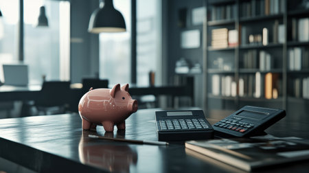 A serene and stylish office setup featuring a piggy bank and calculators on a wooden desk, perfect for showcasing financial planning and budgeting strategies in modern design.の素材