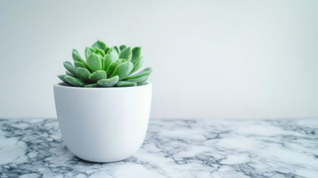 This captivating image features a close-up of a succulent plant placed in a minimalist white pot, set against a serene marble surface, perfect for home decoration.の素材