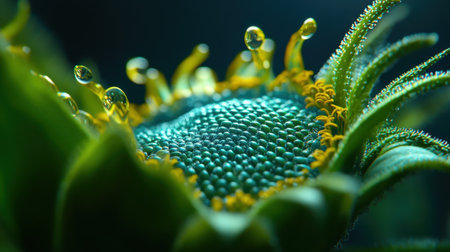 Explore the intricate beauty of a sunflower close-up, highlighting vibrant colors, textures, and droplets of water in natural light, capturing the essence of nature.の素材