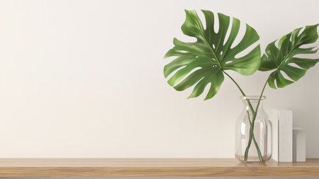 A stylish arrangement featuring lush green monstera leaves in a clear glass vase atop a warm wooden table, creating a serene and elegant atmosphere perfect for modern decor.の素材