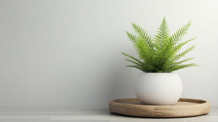 This image showcases a vibrant green fern in a sleek white pot, placed on a clean wooden tray. The minimalist design complements both home and office spaces, enhancing tranquility.の素材