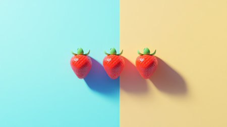 A delightful arrangement of fresh strawberries positioned against a stunning split background of blue and yellow, emphasizing their vibrant color and freshness in a minimalist style.の素材