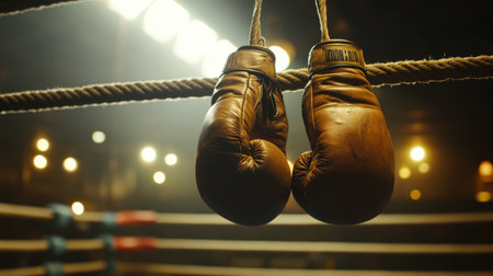 Vintage brown boxing gloves hang from a rope in a dimly lit boxing ring. The bright lights create an intense and dramatic atmosphere perfect for sports photography.の素材