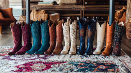 A stunning array of colorful cowboy boots lined up in a cozy indoor space, showcasing intricate designs and vibrant colors on a stylish rug, ideal for fashion lovers.の素材