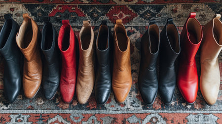 This image showcases a collection of stylish ankle boots in various colors, perfectly arranged on a vintage area rug. Ideal for fashion enthusiasts and interior decor inspiration.の素材
