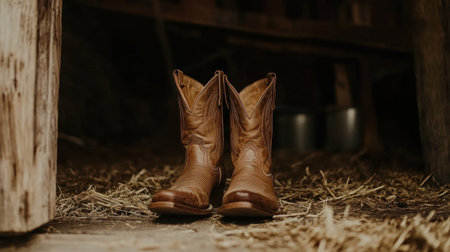 A pair of rustic leather boots sits on straw in a barn, showcasing the essence of western culture and country lifestyle, ideal for creative projects.の素材