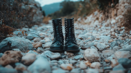 A pair of stylish black boots adorned with silver studs rests on a rocky path, set against a nature backdrop featuring mountains and beautiful scenery, perfect for fashion enthusiasts.の素材