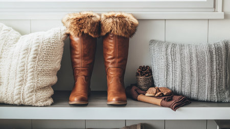 Capture a cozy winter vibe with stylish brown boots adorned with fur set on a wooden shelf. Soft pillows and rustic touches create an inviting atmosphere perfect for comfort.の素材