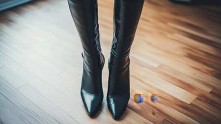 Striking image of black leather high-heeled boots showcasing elegance and style, set against a polished wooden floor in a chic modern interior. Ideal for fashion themes.の素材