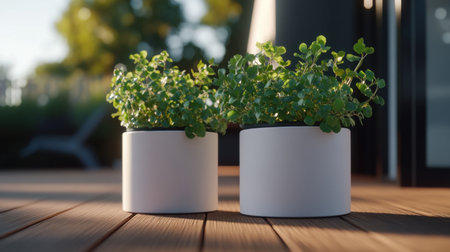 A peaceful scene featuring two modern white pots filled with lush green plants on a wooden deck, perfect for illustrating outdoor serenity and plant decor.の素材