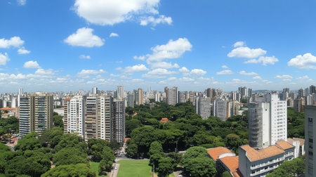 A stunning panoramic view capturing the harmony of high-rise buildings, lush greenery, and a bright blue sky, showcasing urban life and natural beauty in the city.の素材