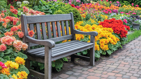 A serene wooden bench sits among a riot of colorful flowers, offering an inviting spot for relaxation. The vibrant garden showcases rich blooms and lush greenery, perfect for nature lovers.の素材