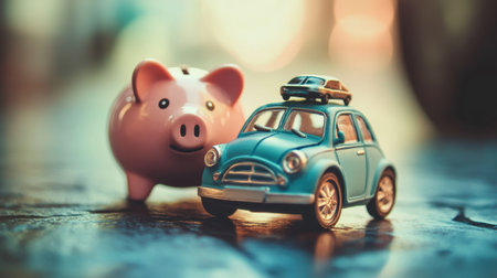 A charming scene featuring a toy car next to a piggy bank, reflecting themes of savings, financial management, and childhood dreams in a playful and colorful setting.の素材
