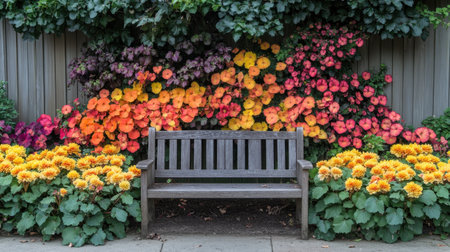 A serene outdoor scene featuring a charming wooden bench surrounded by a vibrant display of colorful flowers in full bloom, creating a perfect relaxation spot.の素材