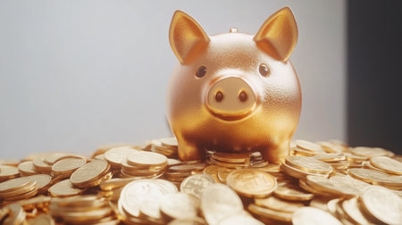 A striking golden piggy bank sits atop a pile of shimmering coins, representing the importance of saving and wealth-building strategies in personal finance.の素材