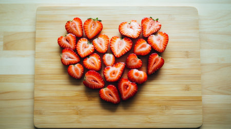 A heart-shaped display of vibrant strawberry halves on a wooden cutting board creates a romantic and healthy food presentation perfect for special occasions.の素材